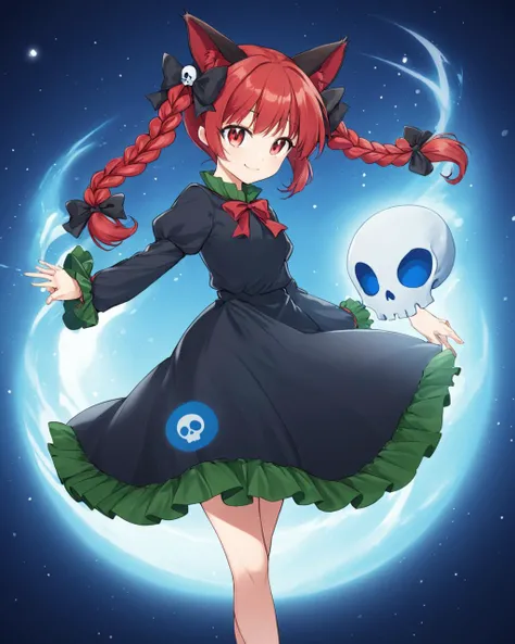 kaenbyou rin,1girl, solo, twin_braids, skull, fang, smile, dress, ribbon, mary_janes, hair_bow, twintails, looking_at_viewer, long_sleeves
<lora:kaenbyou_rin_image6792_2023-12-20:1>,star-shaped_pupils,symbol-shaped_pupils,. gorgeous,key visual, vibrant, studio anime,award-winning, professional, highly detailed,high budget, cinemascope