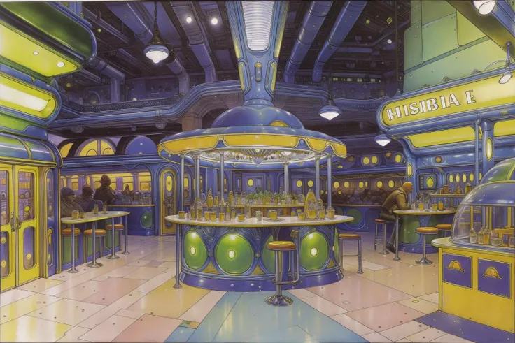 Masterpiece, best quality, hi res, 8k, hi res, 8k, award winning , (sharp focus, intricate, highly detailed) <lora:moebiuscolor:1> moebiuscolors, drawing of a futuristic diner