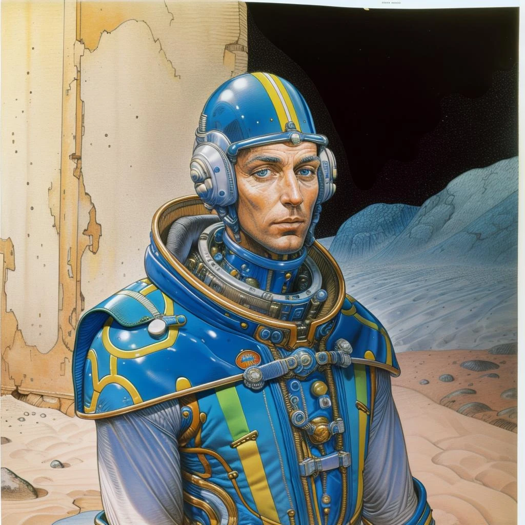 Masterpiece, best quality, hi res, 8k, hi res, 8k, award winning , (sharp focus, intricate, highly detailed) <lora:moebiuscolor:1> moebiuscolors, drawing of a spaceman