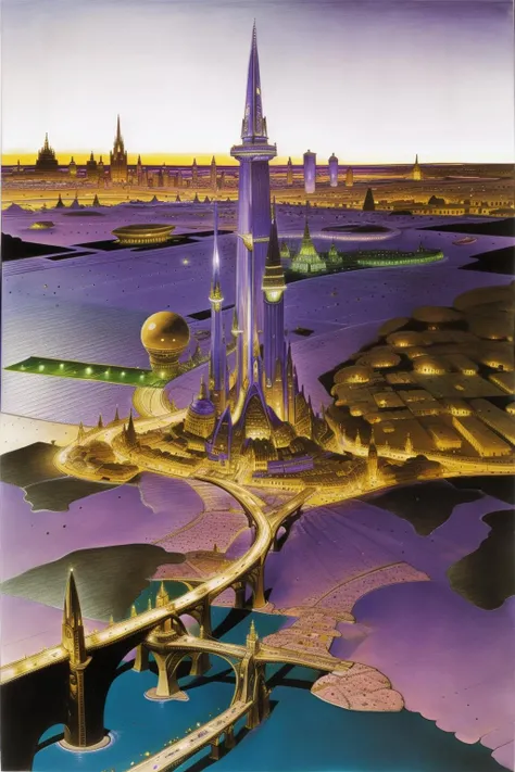 Masterpiece, best quality, hi res, 8k, hi res, 8k,  award winning , (sharp focus, intricate, highly detailed) <lora:moebiuscolor:1> moebiuscolors, drawing of the city of tomorrow