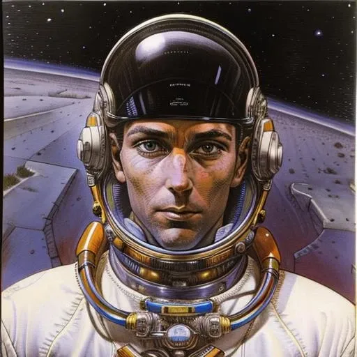 Masterpiece, best quality, hi res, 8k, hi res, 8k,  award winning , (sharp focus, intricate, highly detailed) <lora:moebiuscolor:1> moebiuscolors, drawing of a spaceman