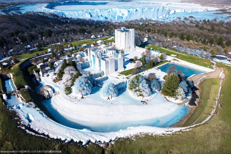 (masterpiece, best quality:1.2), ultra-detailed, Castle (blue ice glacier landscape:1.3), (white trees and grass with snow:1.3), (realistic:1.5),  <lora:EdobMedievalCastleTopView_v1.0:1>