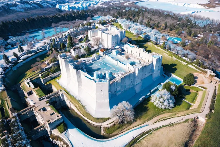 (masterpiece, best quality:1.2), ultra-detailed, Castle (blue ice glacier landscape:1.3), (white trees and grass with snow:1.3), (realistic:1.5),  <lora:EdobMedievalCastleTopView_v1.0:1>