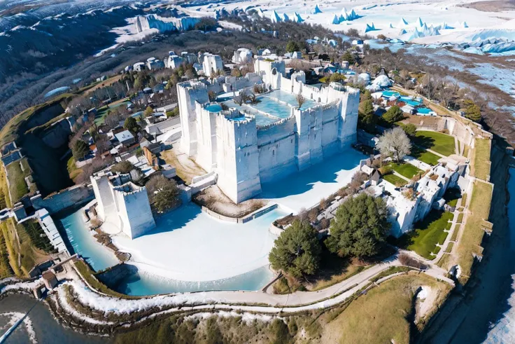 (masterpiece, best quality:1.2), ultra-detailed, Castle (blue ice glacier landscape:1.3), (white trees and grass with snow:1.3), (realistic:1.5), <lora:EdobMedievalCastleTopView_v1.0:1>