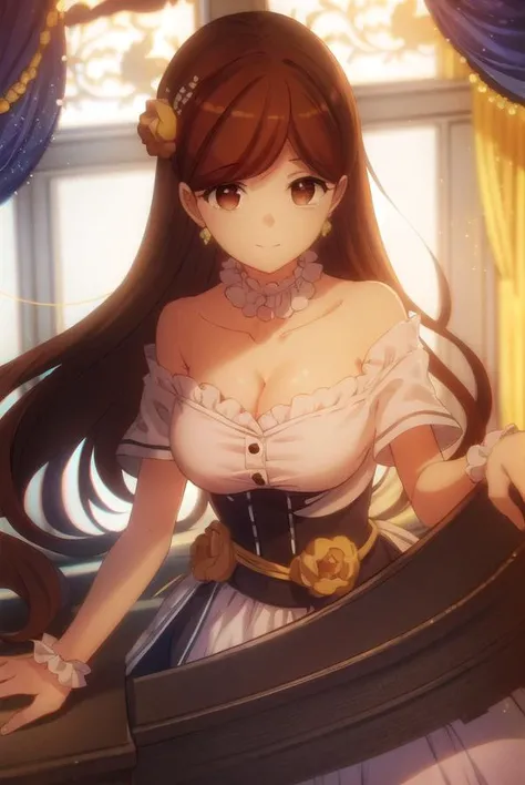 maryhunt, <lora:mary hunt s2-lora-nochekaiser:1>,
mary hunt, long hair, brown hair, hair ornament, (brown eyes:1.5), flower, hair flower, smile,
BREAK dress, cleavage, jewelry, earrings, choker, frills,
BREAK indoors,
BREAK looking at viewer, (cowboy shot:1.5),
BREAK <lyco:GoodHands-beta2:1>, (masterpiece:1.2), best quality, high resolution, unity 8k wallpaper, (illustration:0.8), (beautiful detailed eyes:1.6), extremely detailed face, perfect lighting, extremely detailed CG, (perfect hands, perfect anatomy),