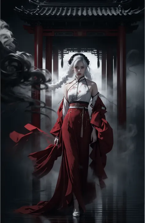 (dramatic, gritty, intense:1.4),masterpiece, best quality, 32Kinsane details, intricate details, hyperdetailed, hyper quality, high detail, ultra detailed, Masterpiece, (full body:1.4),  Red eyes(white hair:1.6)(braid:1.3)
an girl in a red dress is in front of white eyes, Unreal background, smoke and mist, like something coming out. Chinese Taoist ghost legendhorror-inspired, Chinese Horrordollcore, dark violet and light blue, contrast between light and darkphoto-realistic hyperbole, japonism influenced pieces, cryptidcoreJunji Ito, miho hirano, ilya kuvshinov, Yimou Zhang, Thick paintings, oil paintings, ink drawingscinematic textures, top view, extreme close-ups, REALISTIC 3D, ULTRA DETAILED. Blender, C4D, high detail, high resolution,
A shot with tension(sky glows red,Visual impact,giving the poster a dynamic and visually striking appearance:1.2),Chinese Zen style,impactful picture,
<lora:~Q?-~cYs<:0.8>