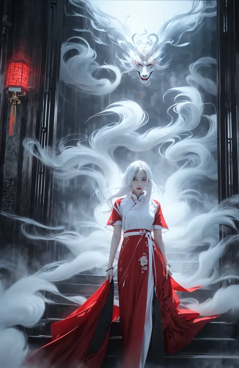(dramatic, gritty, intense:1.4),masterpiece, best quality, 32Kinsane details, intricate details, hyperdetailed, hyper quality, high detail, ultra detailed, Masterpiece, (full body:1.3),  Red eyes(white hair:1.6)
an girl in a red dress is in front of white eyes, Unreal background, smoke and mist, like something coming out. Chinese Taoist ghost legendhorror-inspired, Chinese Horrordollcore, dark violet and light blue, contrast between light and darkphoto-realistic hyperbole, japonism influenced pieces, cryptidcoreJunji Ito, miho hirano, ilya kuvshinov, Yimou Zhang, Thick paintings, oil paintings, ink drawingscinematic textures, top view, extreme close-ups, REALISTIC 3D, ULTRA DETAILED. Blender, C4D, high detail, high resolution,
A shot with tension(sky glows red,Visual impact,giving the poster a dynamic and visually striking appearance:1.2),Chinese Zen style,impactful picture,
<lora:~Q?-~cYs<:0.8>