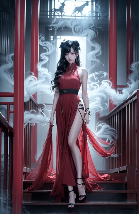 (Dramatic, grittiness, Intense:1.4),Masterpiece, Best quality, 32K crazy details, Intricate details, ultra - detailed, hyper qualit, High detail, Ultra detailed, Masterpiece, (full bodyesbian:1.5),  Redness of the eyes，full body shot shot，
An extremely tall, slender and sexy girl in a red dress is in front of the white eyes, extra very long hair，huge tit，fat hips，Long legs，Chinese shoes，Unreal background, Smoke and mist, Like something came out. Chinese Taoist ghost legends are terrifyingly inspired, Chinese horror doll core, Dark purple and light blue, Realistic exaggeration of chiaroscuro, Works influenced by Japanism, Hidden Core Junji Ito, Miho Hirano, Ilya Kuvshinov, 张艺谋 in the mood of, Thick paintings, Oil paintings, Ink painting Movie textures, Top view, an extreme closeup shot, Realistic 3D, Ultra detailed. blender, C4D, High detail, high resolution,full body shot shot。