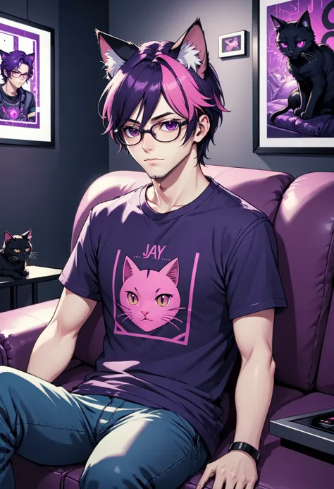 nerdy guy with cat ears on a sofa dressed in a t shirt, in the style of cyberpunk manga, 2d game art, cristina mcallister, master of ink, best resolution, dark violet and pink, jay anacleto , studio anime, art by naoko takeuchi