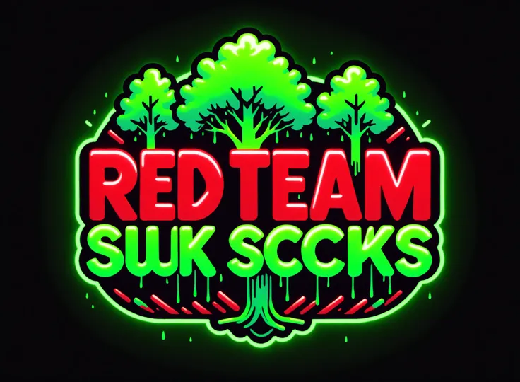 Red Team Sucks text logo, 80s, neon, dripping, green, glow, trees, teamgreenstyle, greenteam , <lora:TeamGreenSDXL:0.5>, <lora:Harrlogos_v1.1:1>, <lora:AI_Overlord_Santas_-_The_Green_Team_LoRA:0.8>