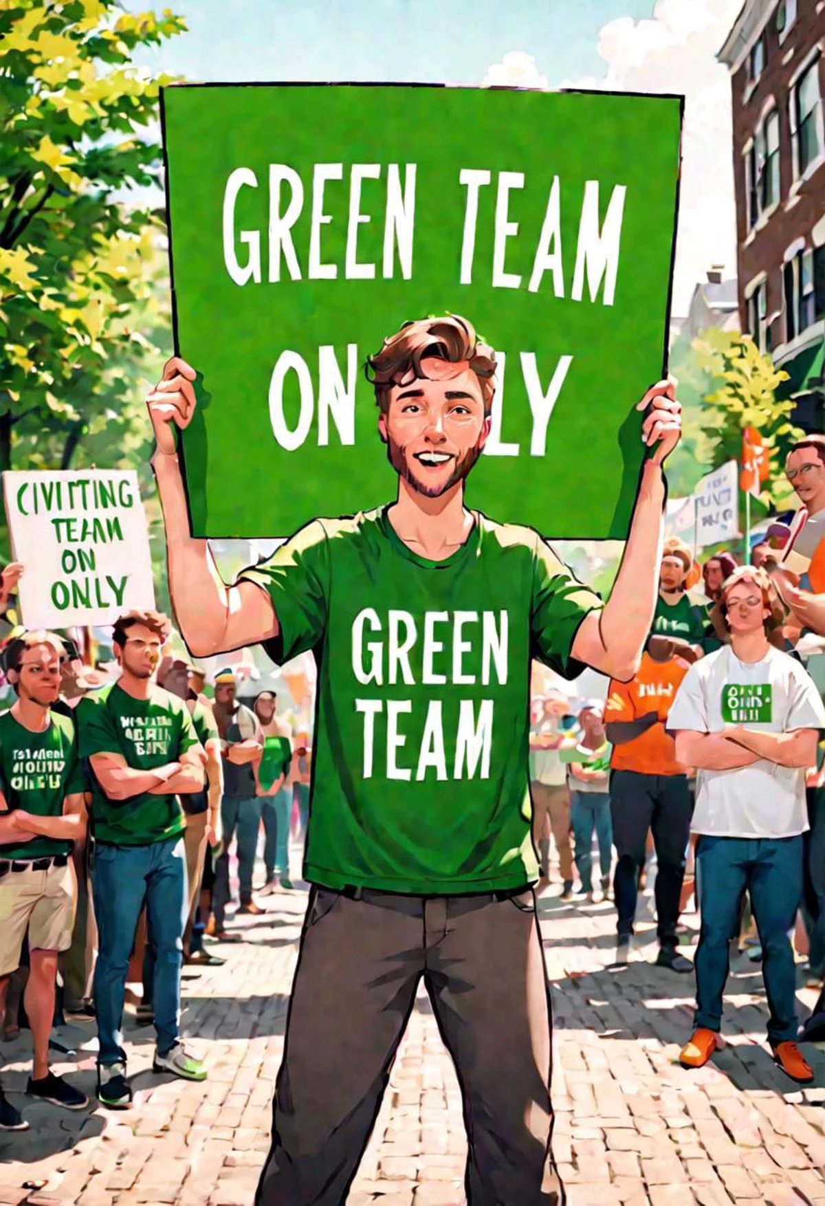 Justin Maier of CivitAi, outdoors, protesting inequality, dutch angle, animated, flat color, ultra sharp, holding a sign that says GREEN TEAM ONLY