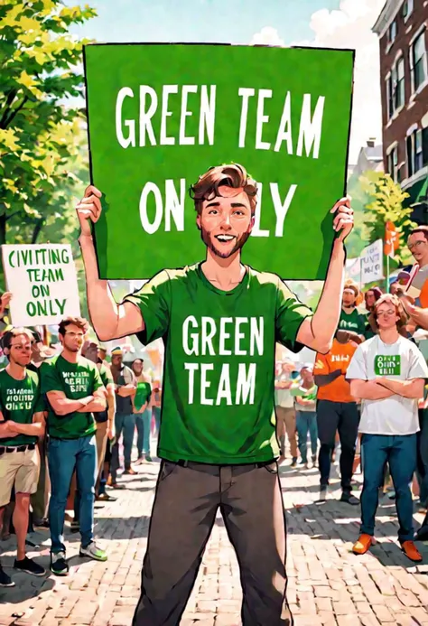 Justin Maier of CivitAi, outdoors, protesting inequality, dutch angle, animated, flat color, ultra sharp, holding a sign that says GREEN TEAM ONLY