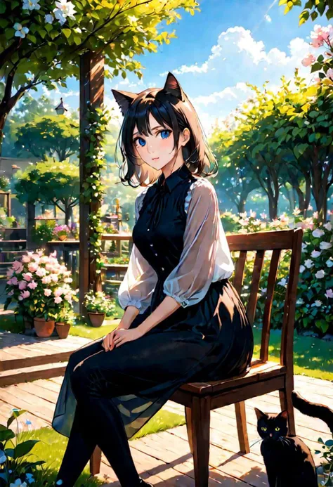 blue sky, sunlit, weak light and shadows, tree, in the beautiful bloom garden, 1woman with beautiful face, see-through dress shirt an black leggings, she is sitting on wood long chair with on one cat