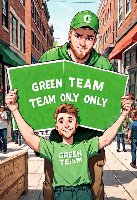 Justin Maier of CivitAi, outdoors, protesting inequality, dutch angle, animated, flat color, ultra sharp, holding a sign that says GREEN TEAM ONLY