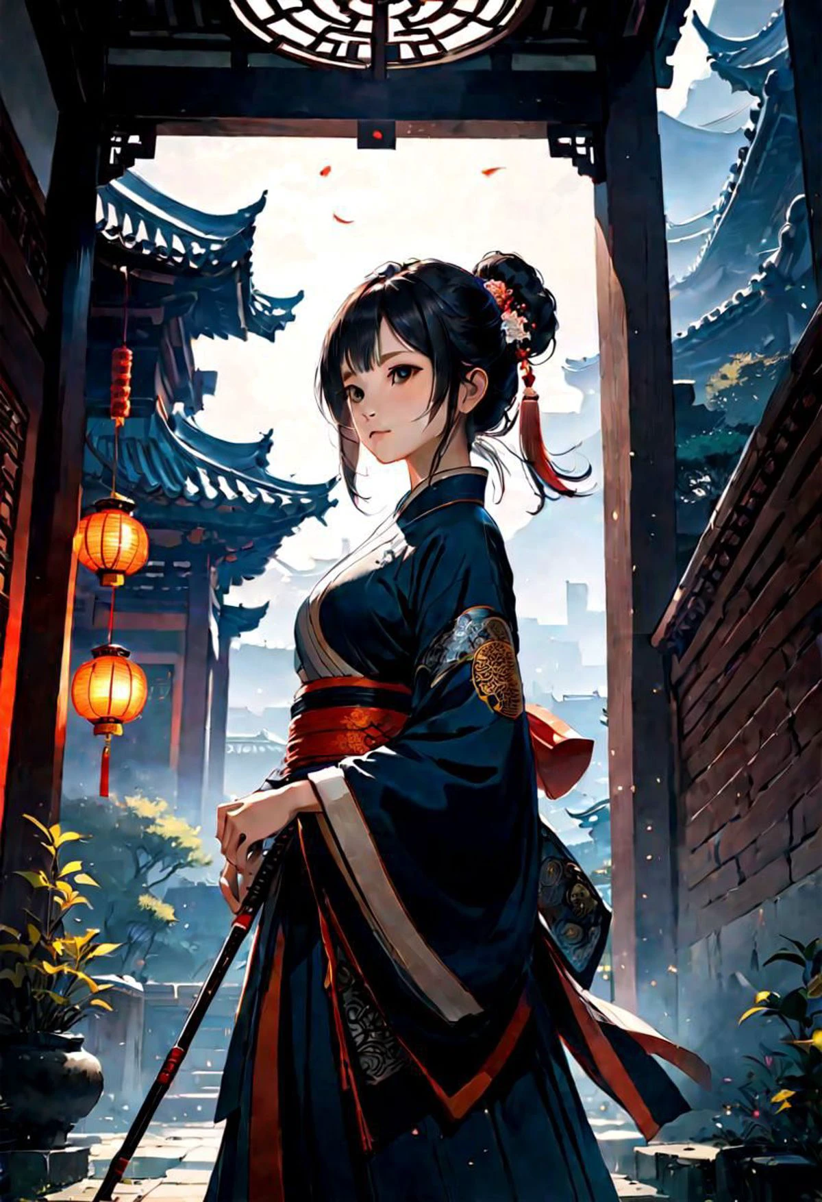 Hazy Skylines, The Other Side, A Growing Colony, When the Night Falls, A New Dawn, DUNGEONS, The Long Dark, Effervescence, PhaseShift, DIVINE REFLECTION, erhu and guzheng, harmonious blend, Monks Never Die, Imperial Walls, Teach me Wushu, 1girl, beautiful woman