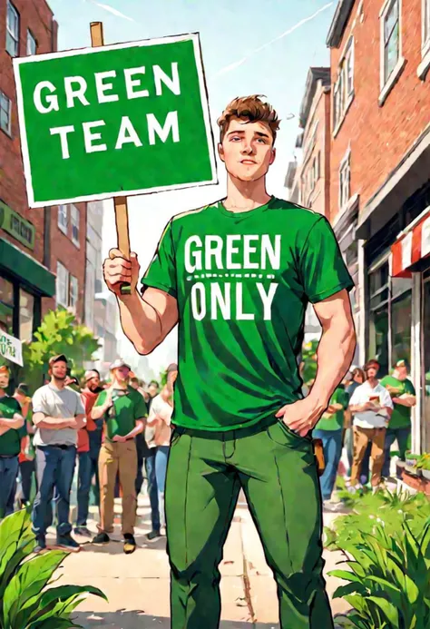 Justin Maier of CivitAi, outdoors, protesting inequality, dutch angle, animated, flat color, ultra sharp, holding a sign that says GREEN TEAM ONLY