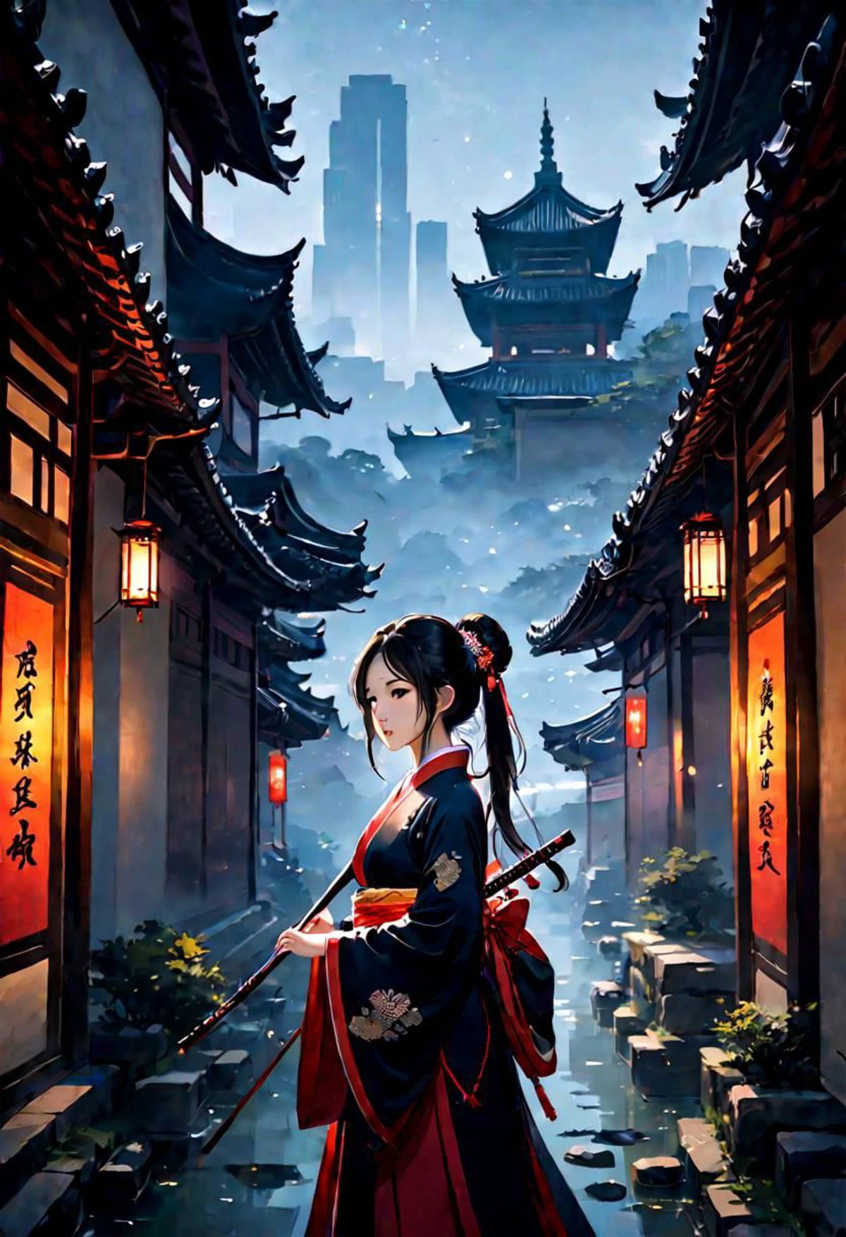 Hazy Skylines, The Other Side, A Growing Colony, When the Night Falls, A New Dawn, DUNGEONS, The Long Dark, Effervescence, PhaseShift, DIVINE REFLECTION, erhu and guzheng, harmonious blend, Monks Never Die, Imperial Walls, Teach me Wushu, 1girl, beautiful woman
