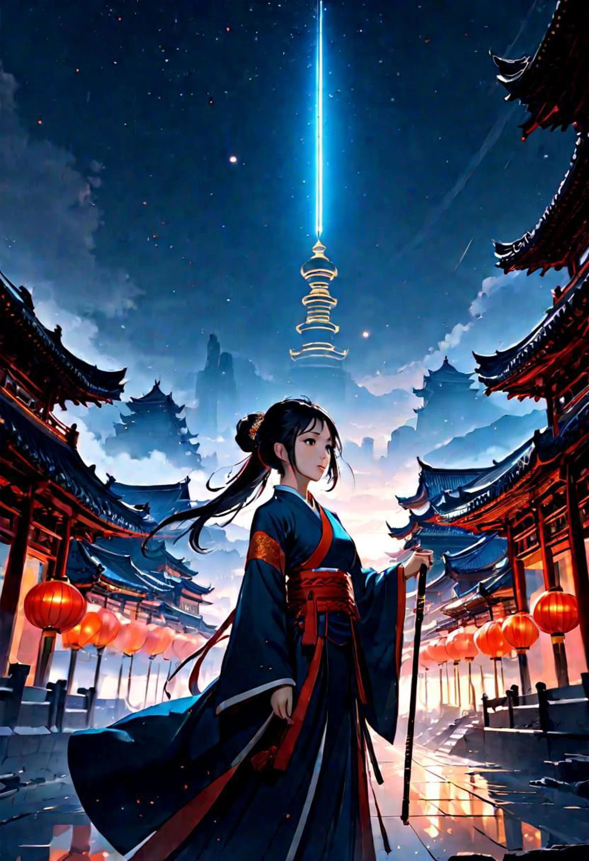 Hazy Skylines, The Other Side, A Growing Colony, When the Night Falls, A New Dawn, DUNGEONS, The Long Dark, Effervescence, PhaseShift, DIVINE REFLECTION, erhu and guzheng, harmonious blend, Monks Never Die, Imperial Walls, Teach me Wushu, 1girl, beautiful woman