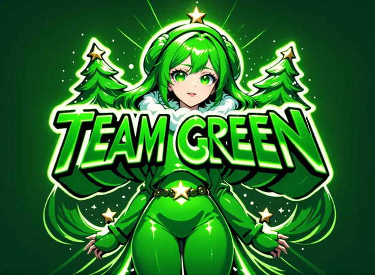 <lora:TeamGreenSDXL:0.5> Team green text logo, Woman in a green Santa Suit, green, anime, metallic,glow, christmas tree,teamgreenstyle <lora:Harrlogos_v1.1:1>