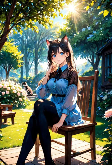 blue sky, , tree, in the beautiful bloom garden, 1woman with beautiful face, see-through dress shirt an black leggings, she is sitting on wood long chair with on one cat,sunlit, weak light and shadows