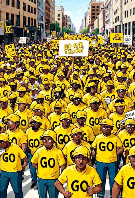 Counter protest, outdoors, animated, flat color, ultra sharp, yellow mob holding sign that say GO YELLOW!
