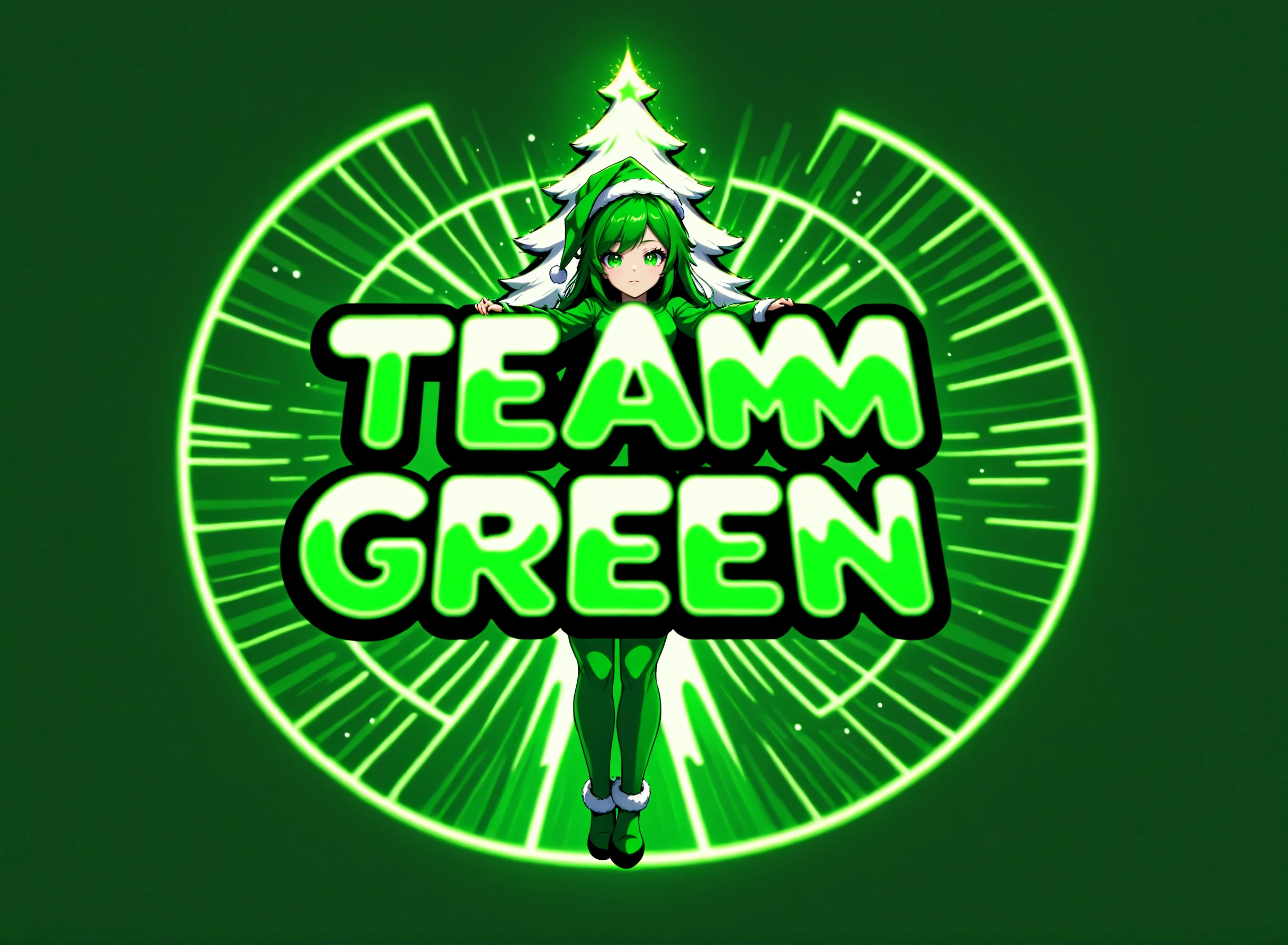<lora:TeamGreenSDXL:0.5> Team green text logo, Woman in a green Santa Suit, green, anime, metallic,glow, christmas tree,teamgreenstyle, greenteam <lora:Harrlogos_v1.1:1> <lora:AI_Overlord_Santas_-_The_Green_Team_LoRA:0.8>