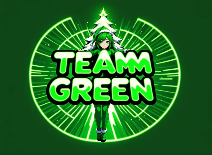 <lora:TeamGreenSDXL:0.5> Team green text logo, Woman in a green Santa Suit, green, anime, metallic,glow, christmas tree,teamgreenstyle, greenteam <lora:Harrlogos_v1.1:1> <lora:AI_Overlord_Santas_-_The_Green_Team_LoRA:0.8>