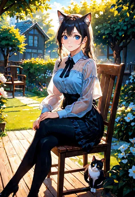 blue sky, , tree, in the beautiful bloom garden, 1woman with beautiful face, see-through dress shirt an black leggings, she is sitting on wood long chair with on one cat,sunlit, weak light and shadows