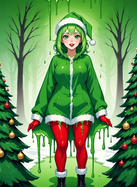 Woman in a green santa suit, christmas theme, dripping, green, trees, teamgreenstyle, <lora:TeamGreenSDXL:0.5>,
