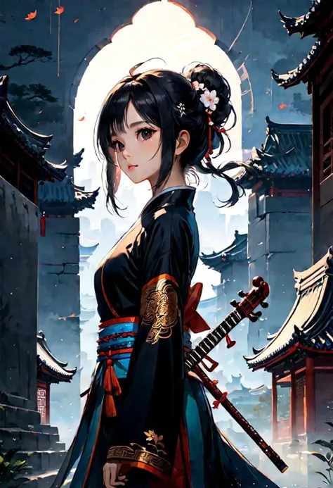 Hazy Skylines, The Other Side, A Growing Colony, When the Night Falls, A New Dawn, DUNGEONS, The Long Dark, Effervescence, PhaseShift, DIVINE REFLECTION, erhu and guzheng, harmonious blend, Monks Never Die,  Imperial Walls, Teach me Wushu, 1girl, beautiful woman