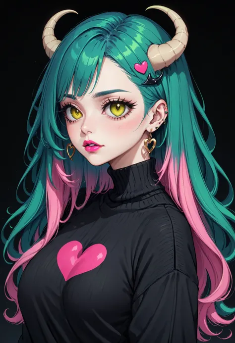 1girl, black background, black lips, black sweater, blue hair, dragon horns, earrings, eyelashes, eyeshadow, green hair, heart, heart earrings, horns, jewelry, large breasts, lipstick, long hair, long sleeves, looking at viewer, makeup, own hands together, pink hair, simple background, slit pupils, solo, sweater, swept bangs, turtleneck, upper body, yellow eyes