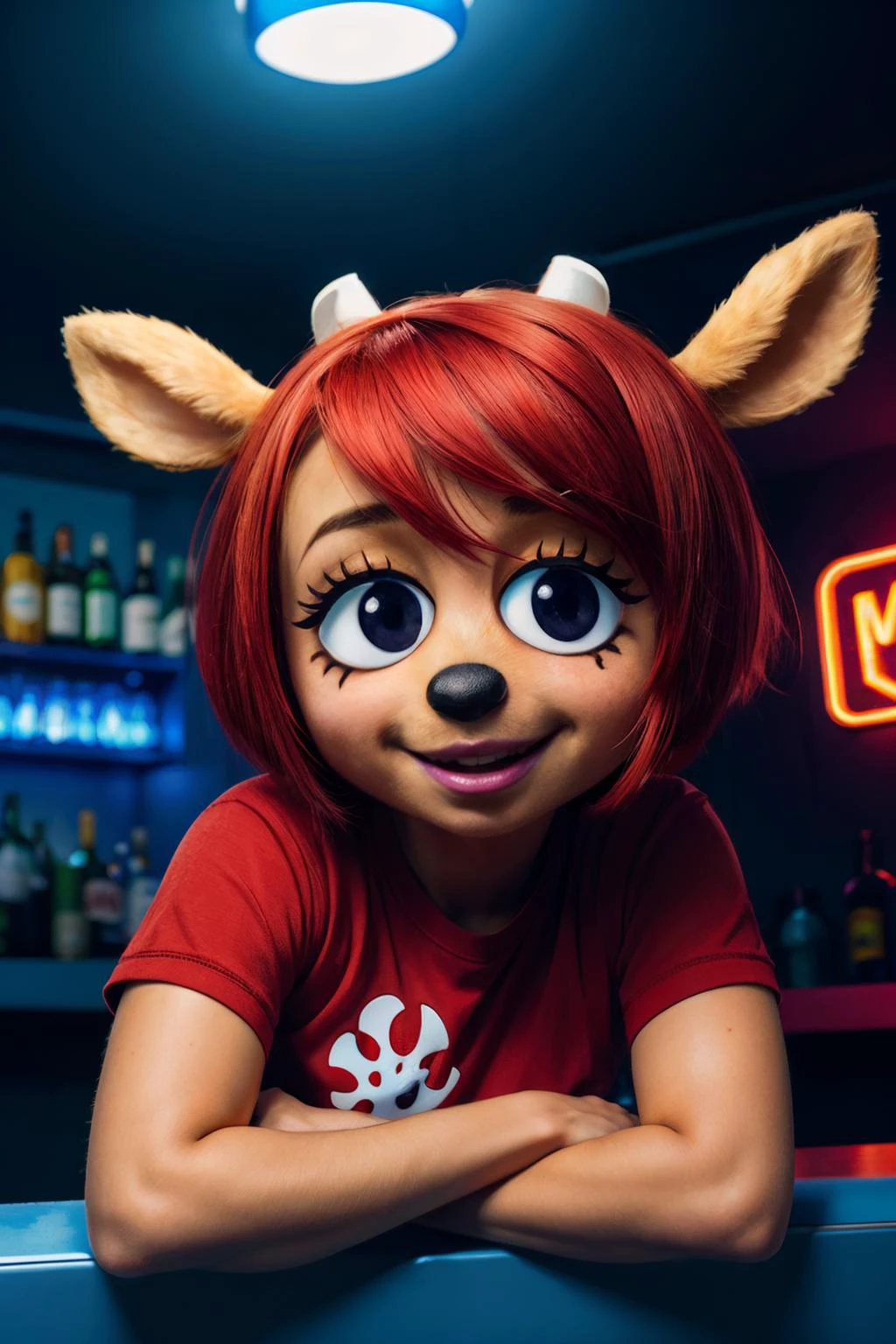 Lammy, furry, deer ears, blunt horns, half-open eyes,red hair, black eyes, red shirt, looking at viewer, smiling, close up, inside, bar, neon lighting, high quality, masterpiece, <lora:Lammy:.8>