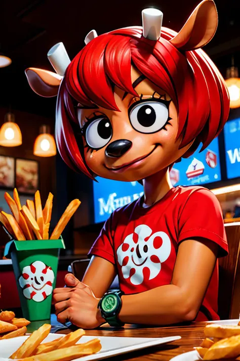 Lammy, furry, deer ears, blunt horns, half-open eyes ,red hair, black eyes,short sleeves, red shirt, green watch, looking at viewer, serious, smirk, medium shot, sitting, behind a table, inside a fastfood restaurant, eating food, french fries, playful ambiance, high quality, masterpiece, <lora:Lammy:.8>