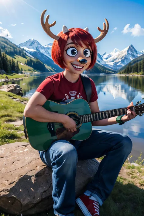Lammy, furry, animal nose, deer ears, blunt horns, half-open eyes ,red hair, black eyes, red shirt,belt, jeans, green watch, looking at viewer, smiling, teeth, sitting, on rock, holding a acoustic guitar, outside, park,grass, lake, snow, overcast, mountain, winter, high quality, masterpiece, <lora:Lammy:.7>