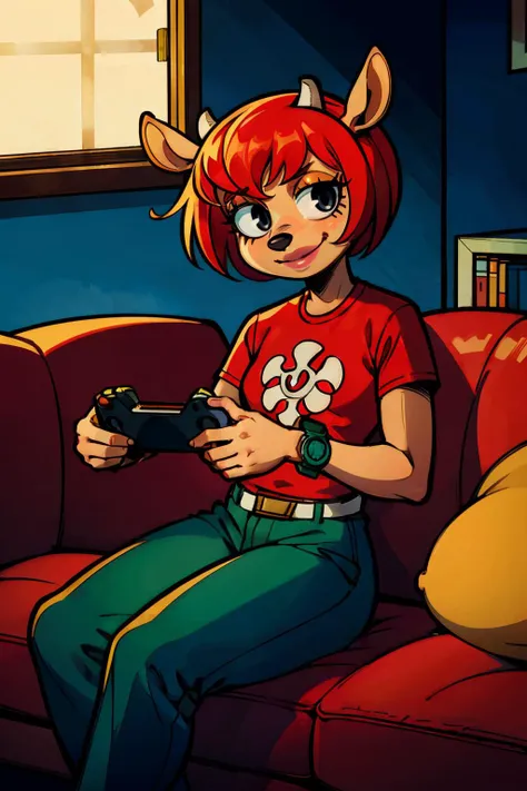 Lammy, furry, deer ears, blunt horns, half-open eyes ,red hair, black eyes,short sleeves, red shirt, green watch, belt, pants, looking at viewer, serious, smiling, sitting, on sofa, holding a game controller, inside cozy apartment, soft lighting, high quality, masterpiece,  <lora:Lammy:.8>