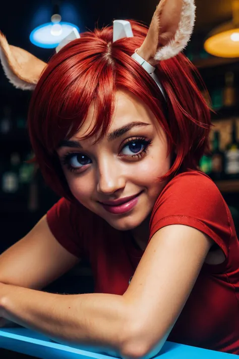 Lammy, furry, deer ears, blunt horns, half-open eyes,red hair, black eyes, red shirt, looking at viewer, smiling, close up, inside, bar, neon lighting, high quality, masterpiece, <lora:Lammy:.8>