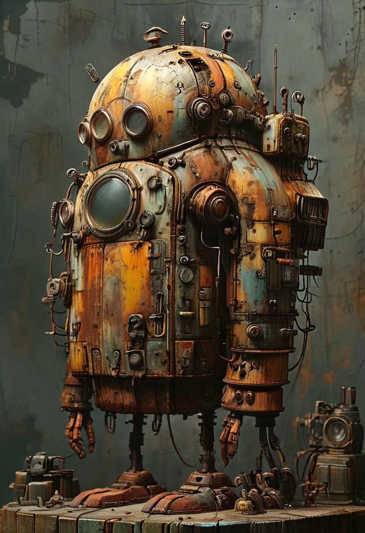 (illustration) mechanical, animatronic, rust, junk, cluttered <lora:tbh147-sdxl:0.8>. dark and moody, a mesmerizing blend of light and shadow. masterpiece, absurdres, intricate details