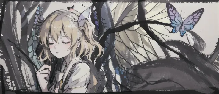 1girl,blonde hair,mob cap,hair bow,bowtie,side ponytail,wings,(butterfly wings:1.5),short sleeves,vest,ascot,reaching,upper body,relaxing,closed eyes,on side,(on side:1.1),<lora:flandre:0.9>,(ink sketch:1.1),zydink,monochrome,(abstract ink splash:1.1),gray scale,<lora:zyd232_ChineseInkStyle_v1_0:1>,(kawaii, cute young teenager:1.2),(masterpiece, best quality:1.2)