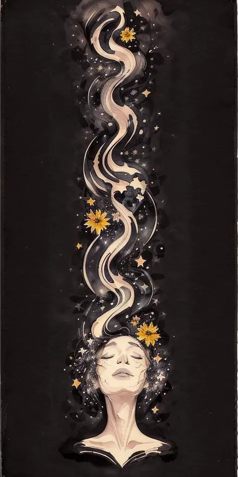 (black background full of stars), textured, (ink art, ink illustration, ink, rough:1.4), 1girl, (flowing lines), dreaming, dreams, sleeping, eyes closed, floating, peaceful, colourful, hair flowing into ink, swirling ink, highly detailed background, (stars, flowers, goldfish), multicoloured, ((abstract)) <lora:more_details:0.4>, <lora:inkstyle:0.9>