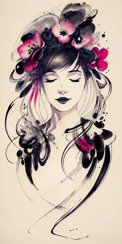 (ink art, ink illustration, ink, rough:1.4), (flowing lines), dreaming, dreams, sleeping, eyes closed, floating, peaceful, colourful hair, flowing hair, hair flowing into ink, swirling ink, highly detailed background, flowers, clouds, multicoloured, obscured, (((abstract))) <lora:more_details:0.4>, <lora:inkstyle:0.9>
