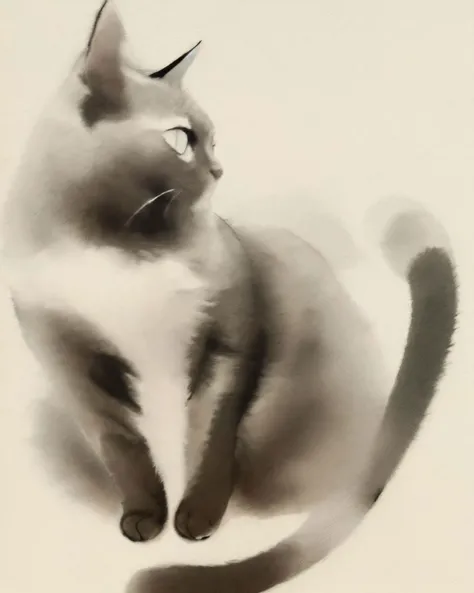 <lora:zyd232_InkStyle_v1_0:1.0> zydink, monochrome, ink sketch, cat, simple background,