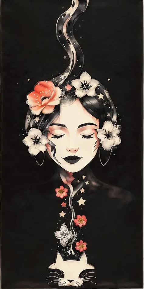 (black background with stars), textured, (ink art, ink illustration, ink, rough:1.4), 1girl, (flowing lines), dreaming, dreams, sleeping, eyes closed, floating, peaceful, colourful, hair flowing into ink, swirling ink, highly detailed background, (stars, flowers, goldfish), multicoloured, ((abstract)) <lora:more_details:0.4>, <lora:inkstyle:0.9>