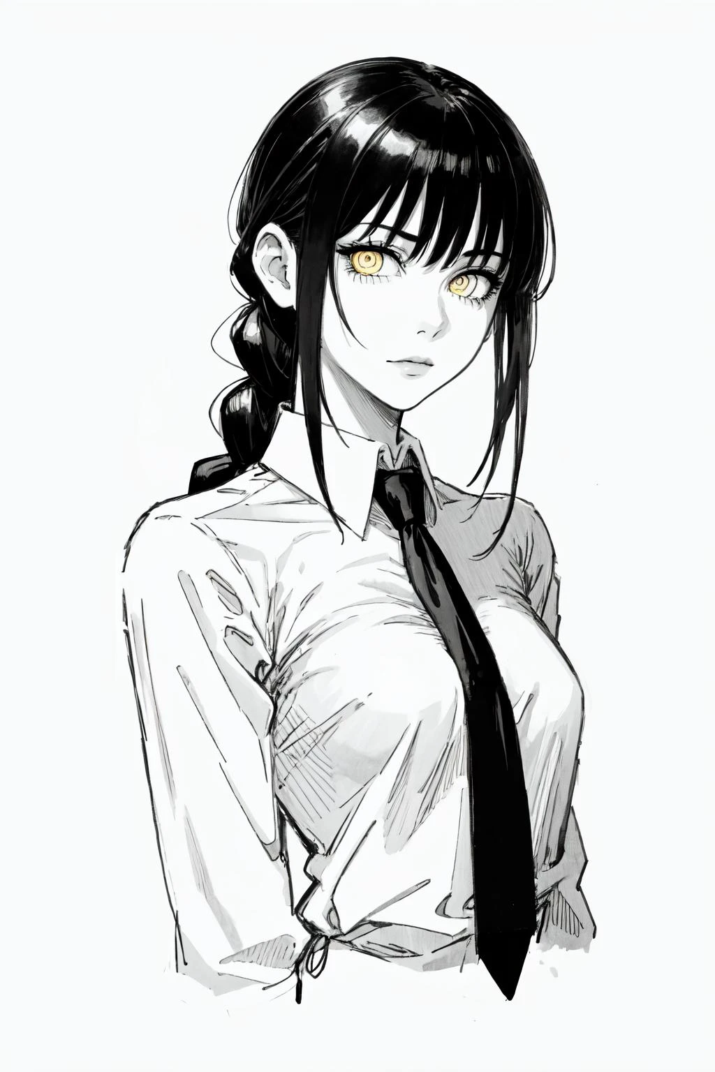 1girl, aged_up, solo, looks at the viewer, makima, braid, braided ponytail, yellow eyes, ((ringed eyes)), white shirt, necktie, <lora:makima51(best):1>, closed mouth, trending on ArtStation, ((monochrome:1.3)), upper-body, black and white, white background, simple background, <lora:add_detail:0.2>, emotionless, ((gloomy atmosphere)), <lora:zyd232_InkStyle_v1_0:0.6>, zydink, horror, pencil drawing, manga, horror manga