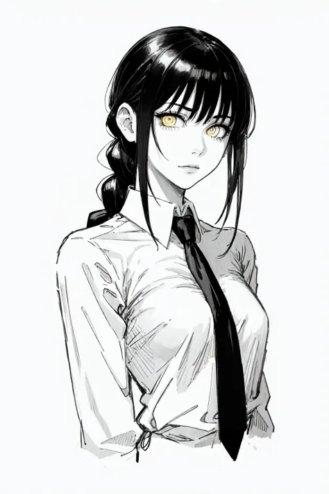 1girl, aged_up, solo, looks at the viewer, makima, braid, braided ponytail, yellow eyes, ((ringed eyes)), white shirt, necktie, <lora:makima51(best):1>, closed mouth, trending on ArtStation, ((monochrome:1.3)), upper-body, black and white, white background, simple background, <lora:add_detail:0.2>, emotionless, ((gloomy atmosphere)),  <lora:zyd232_InkStyle_v1_0:0.6>, zydink, horror, pencil drawing, manga, horror manga