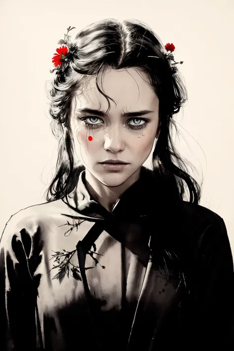 (best quality, masterpiece :1.1), A girl in the image of the earth, (white background, :1.1), (crying, dark tears,perfect face, detailed eyes, detailed mouth,detailed face:1.1),dark oil, (red flowers:1.1), ( action-packed , fantastic realism:1.1),
eye contact, (intricate details, cinematic, extremely detailed, :1.10),
<lora:zyd232_InkStyle_v1_0:0.8> zydink, monochrome, ink sketch