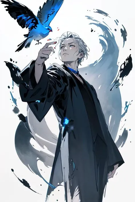 zydink, ink sketch, (best quality, masterpiece:1.3),1boy,
silver hair, bright pupils, short hair, hair slicked back, floating hair, black robe, expressionless,
(abstract ink splash:1.2) ,<lora:zyd232_ChineseInkStyle_v1_0:1>
He held the glowing blue bird in one hand, He looked up at the sky, flames surrounded him body,