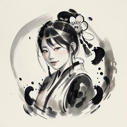 Chinese ink wash painting style, detailed portrait, merchant, fruit stall, masterful strokes, gentleness in eyes, grace in movements, wisdom in smile, minimalistic aesthetic for fruits, graceful and flowing brushstrokes for stall, inspired by Qi Baishi, daily rhythms of market life <lora:zyd232_InkStyle_v1_0:1>