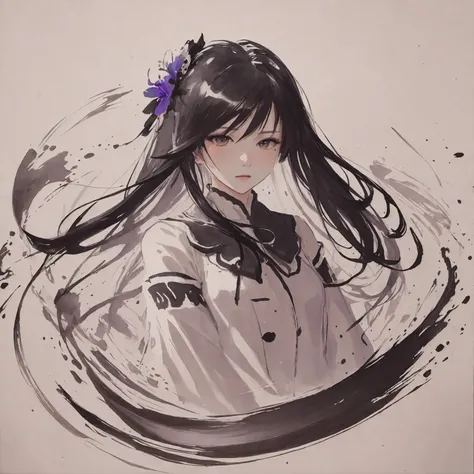((best quality, masterpiece)), a purple bloom lady, pure, innocent, brave, humble, honest, diligent, generous, ink sketch, emotional, purple accent, ink splatter, ink splashing technique, freehand brushwork, flowing brushstrokes, (artistic interpretation) <lora:zyd232_InkStyle_v1_0:1.0>, zydink, amazing, highres, 8k, uhd, hdr