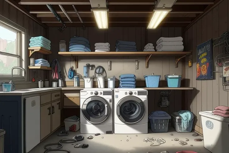garage interior, shelves with junk, washing machine and dryer, sci-fi, 8k, uhd, masterpiece, highest quality