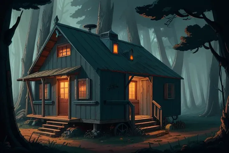 shack in the woods, scifi mechanical elements, computer, forest, 8k, uhd, masterpiece, highest quality